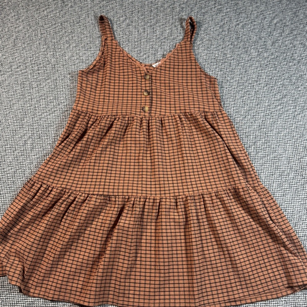 Blu Pepper Womens Rust Black Grid Check Tiered Babydoll Dress Small Sleeveless